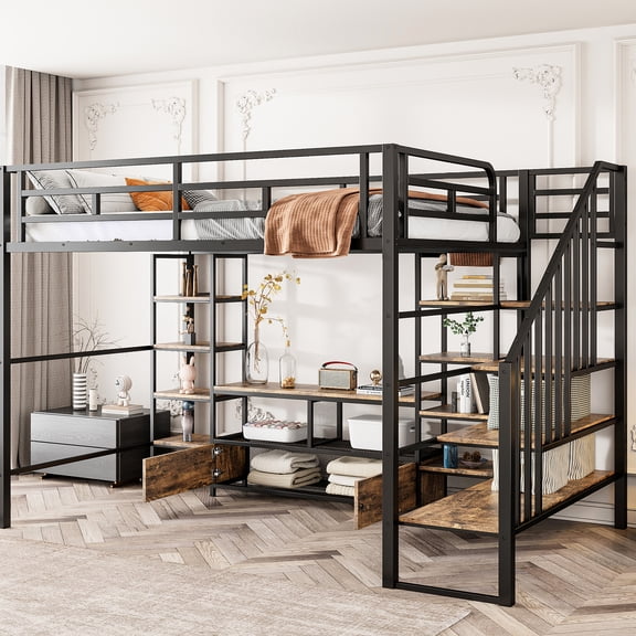 Metal Loft Bed With Staircase, Low Table & Storage, Black - Stylish Option Shelves