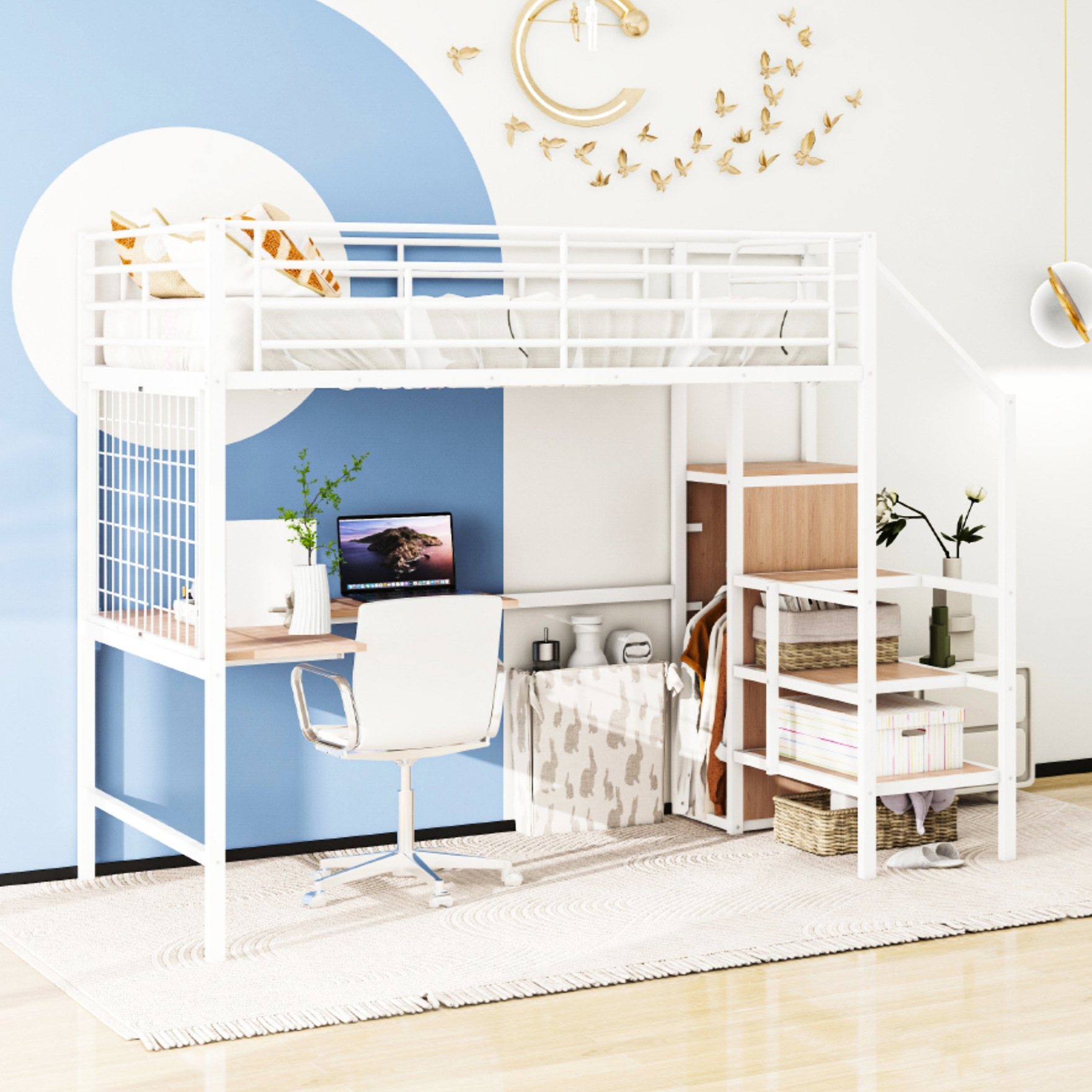Metal Loft Bed in White / Horizontal Slatted Headboard and Footboard ...
