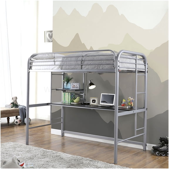 Metal Loft Bed with Built-In Desk, Full Size Space Saver Bed with Shelves and Safety Rails, Home Office Study Station