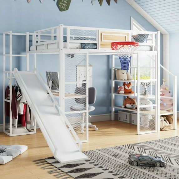 Full Size Metal Loft Bed with Built-in Desk & Open Wardrobe, White for Bedroom