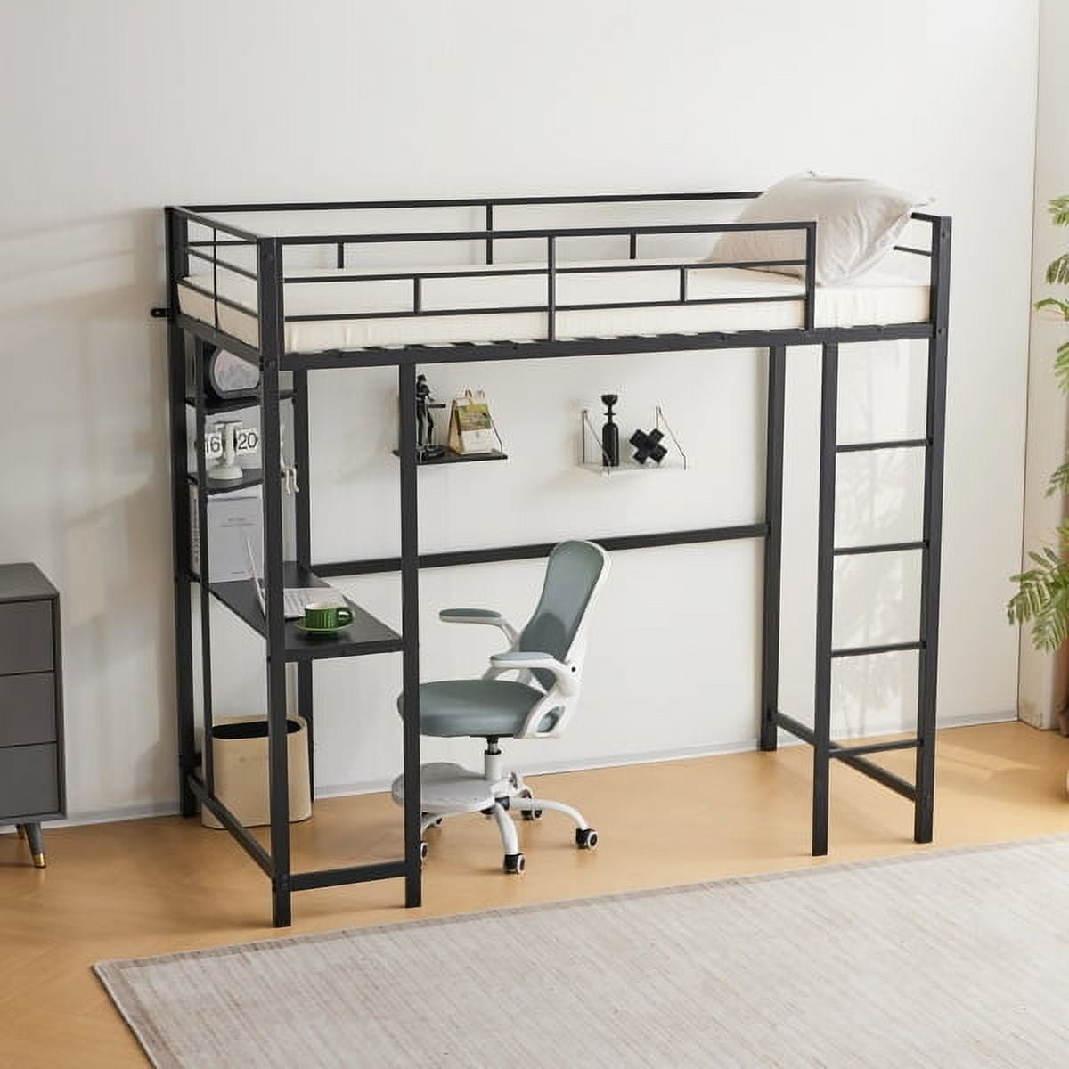 Metal Loft Bed with Desk & Triangular Bookshelves, Twin Size, 2 Built ...