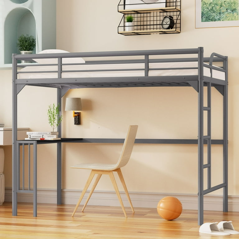 Metal Loft Bed with Desk Twin Size Loft Bed Frame with Built in Desk and 12.2inch Guardrail Space Saving Loft Beds for Kids Boys Girls Silver