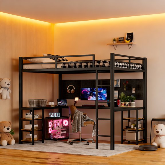 Metal Loft Bed with Desk and Shelves, Integrated Ladder and Guardrails, Space-Saving Frame for Bedroom, Black