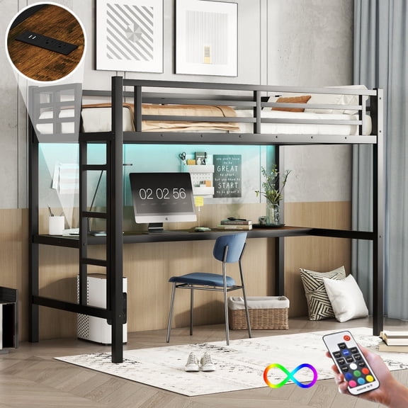 Metal Twin XL Loft Bed with Desk, Power Outlet and LED Lights, Space Saving Design with USB Charging, Noise Reduced for Dorms, Black