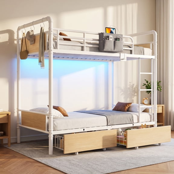 Metal Loft Bed with RGB LED Lights and Desk Full White