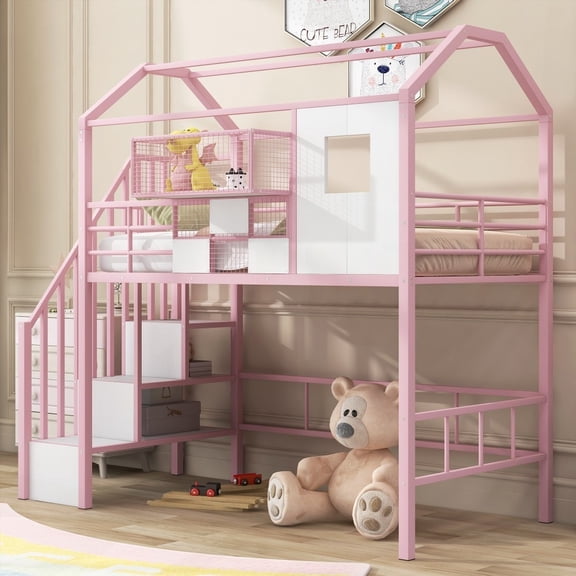 Metal Loft Bed with Roof & Storage - Twin, Pink