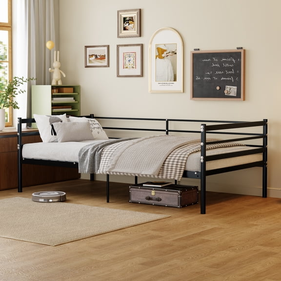 Metal Loft Bed with Surround Sofa-Style Frame, 11.8-inch Safety Guardrail, Space-Saving Structure, Black