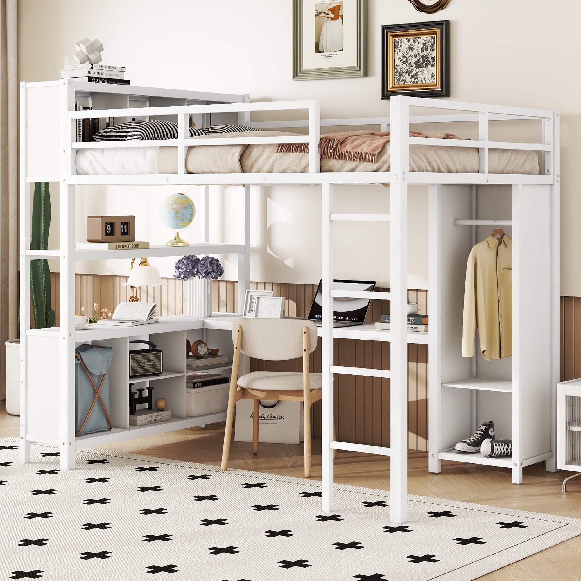 Metal Loft Bed with Wardrobe And Lshaped Desk, Full Size Loft Bed with Storage Cubes and