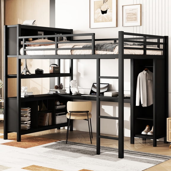 Metal Loft Bed with Wardrobe and Desk - Space-Saving Solution for Apartments and Dorms
