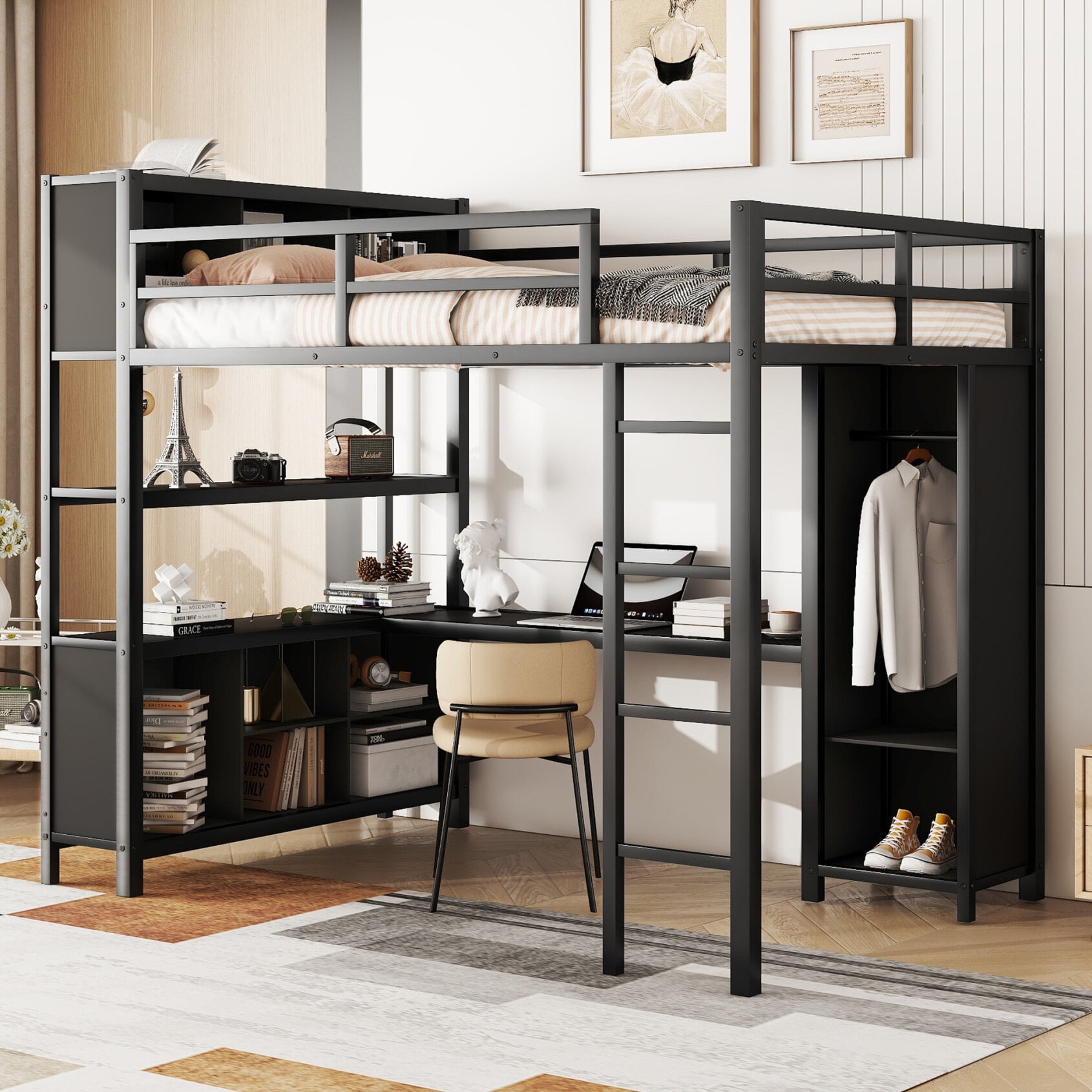 Metal Loft Bed with Wardrobe and Lshaped Desk, Full Size Loft Bed with Storage Cubes and