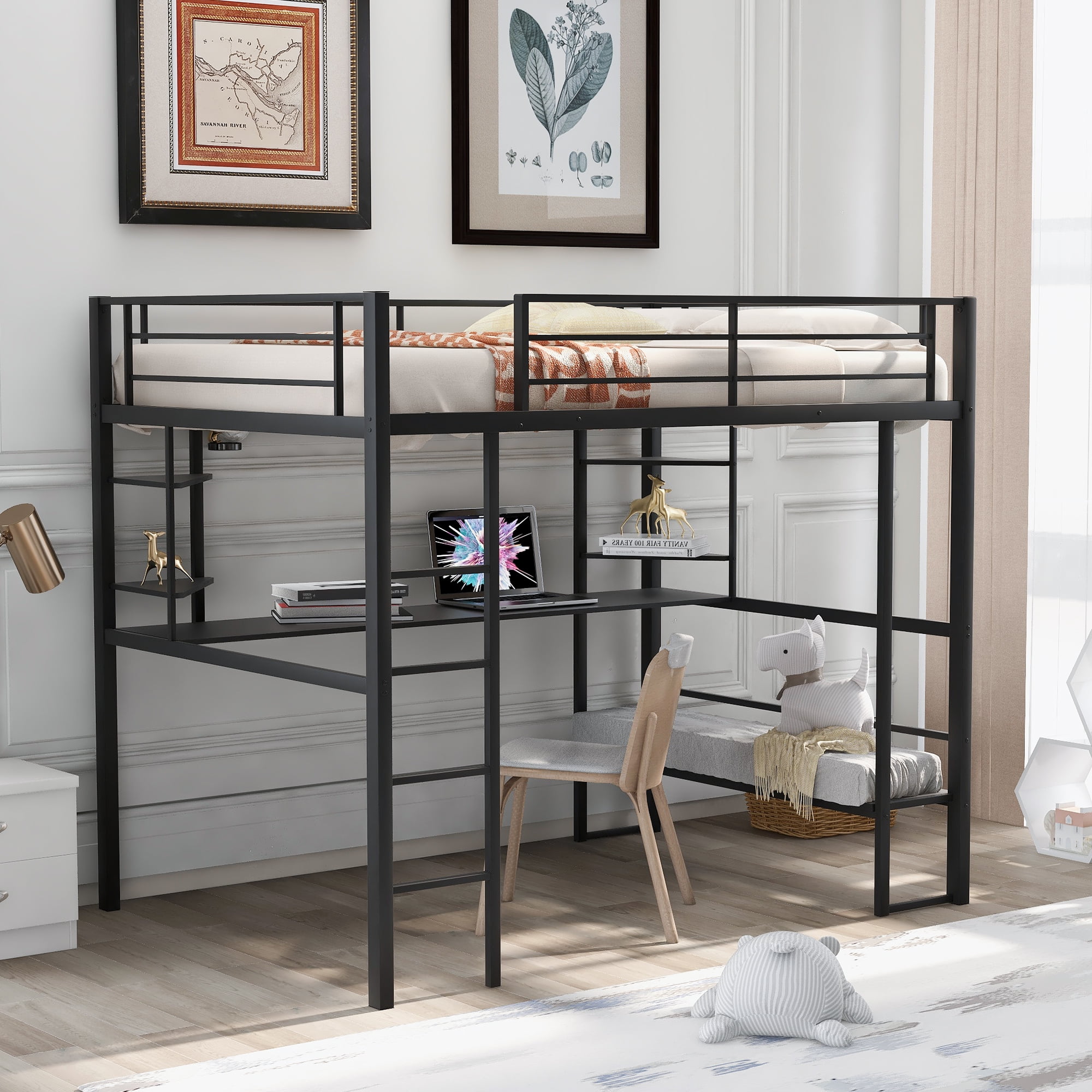 Metal Loft Bunk Bed Full Size Sturdy Frame with Long Desk Shelves and