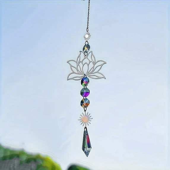 Metal Lotus Hanging Ornaments Glass Cone Tassel Suncatchers for Outdoor Garden Decorations Platinum 423mm
