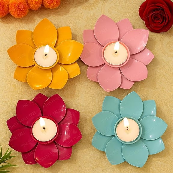 Metal Lotus Tealight Candle Holders | Colorful Floral Diya Holders for Home Decor | Festive Table Decoration for Diwali, Puja & Gifting | Handmade Decorative Tea Light Holders Set of 4