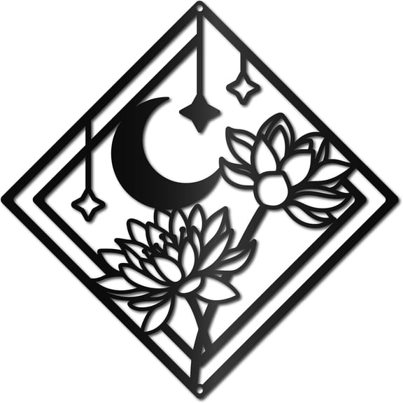 Metal Lotus Wall Decor Black Moon Wall Art Flower Stars Square Sculptures Wall Hanging Decor for Modern Home Spa Meditation Office Living Room Bedroom Indoor Outdoor 11.8x11.8Inch Silver DIY