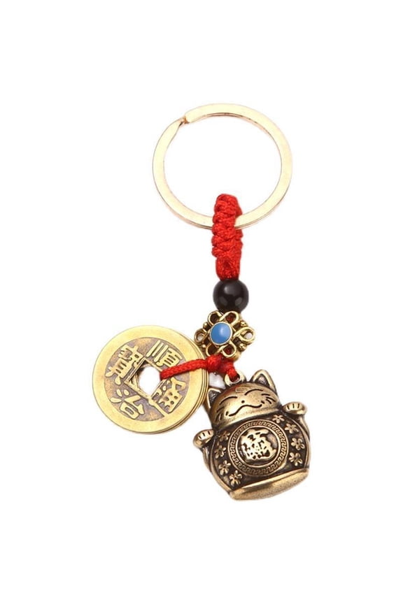 Metal Lucky Cat Keychain with Five Emperors' Coin Design for Attracting Wealth, Suitable for Car Keys, House Keys and Backpacks
