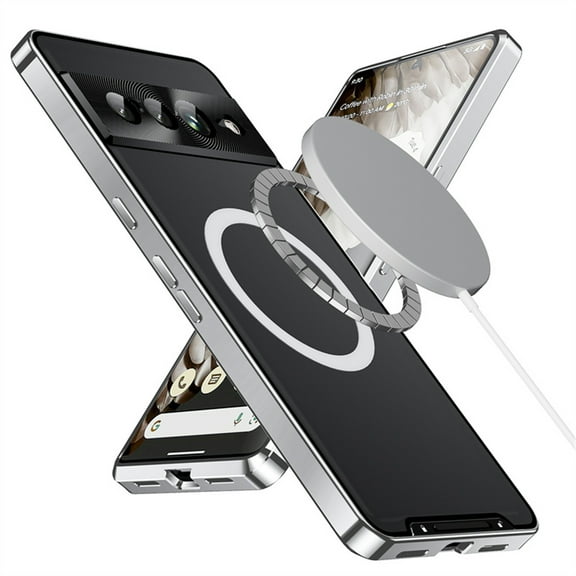 Metal Magnetic Case for Google Pixel 8 [Compatible With Magsafe Ring & Safety Lock] [Metal Frame Bumper] [Integrated Camera Lens Protector] Shock-Absorb Case, Transparent Back Cover, Silver