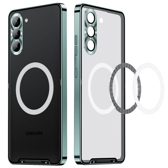 Metal Magnetic Case for Samsung Galaxy S21 [Compatible With Magsafe Ring & Safety Lock] [Metal Frame Bumper] [Integrated Camera Lens Protector] Shock-Absorb Case, Transparent Back Cover, Green