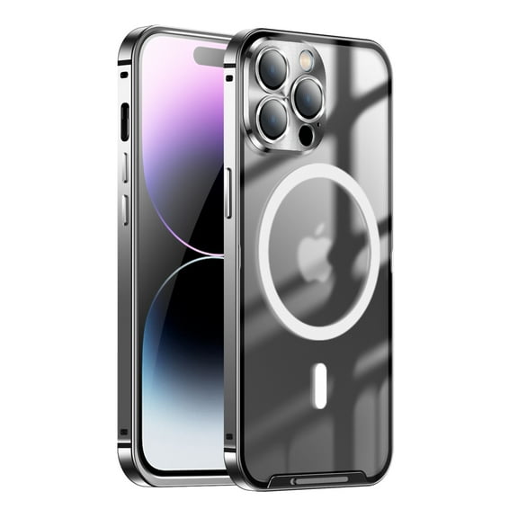 Metal Magnetic Case for iPhone 16 Pro Max [Compatible With Magsafe Ring & Safety Lock] [Metal Frame Bumper] [Integrated Camera Lens Protector] Shock-Absorb Case, Transparent Back Cover,Black