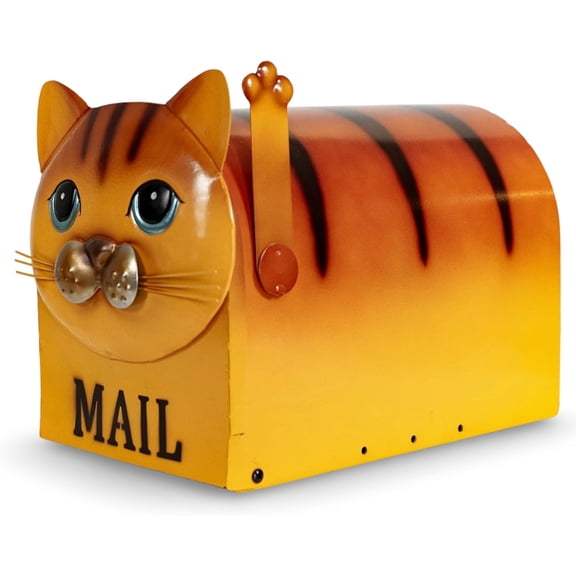 Metal Mailbox Animal Design - Fast Straight Forward Post Mounting Bracket Install - Durable All Weather Rust Resistant - Letters, Mail, Small Packages (Standard, Cat Orange)