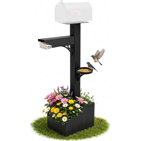 Metal Mailbox Post with Planter Box for Outside 56 Inch, 4-in-1 Mailbox Stand for Outside, Tall Decorative Mount, Decorative Post/Flower Box, Architectural Post