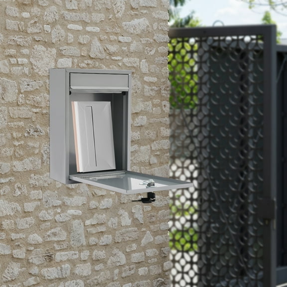 Metal Mailbox with Key Lock, Locking Drop Box Indoor&Outdoor 8.46*3.35*12.6in Modern Silver Wall-Mount Mailbox