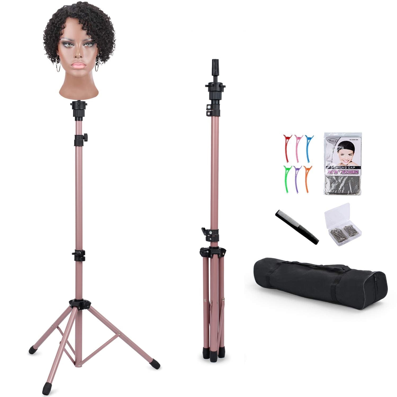 Metal Mannequin Head Stand, Reinforced Wig Stand Tripod for Styling, Adjustable Wig Head Stand Holder for Cosmetology Hairdressing Training,Rose Golden