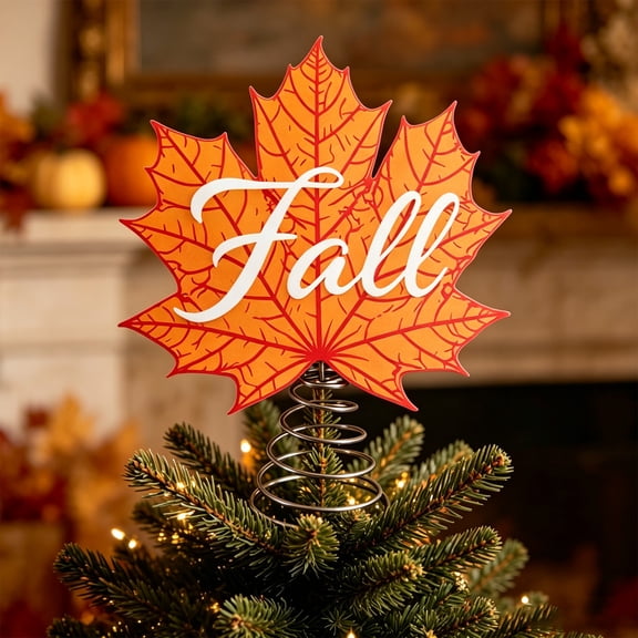 Metal Maple Leaf Tree Topper with Spring Base and Cursive Fall Lettering for Thanksgiving Tabletop Decor Ornament