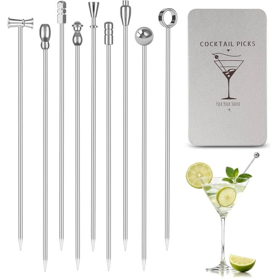 Metal Martini Cocktail Picks 9 Pcs, 4.1 in Olive Skewers Stainless Steel, Martini Garnish Sticks Reusable, Metal Toothpicks for Drinks, Appetizers, Bar Accessories Supplies for Bartenders - Sliver