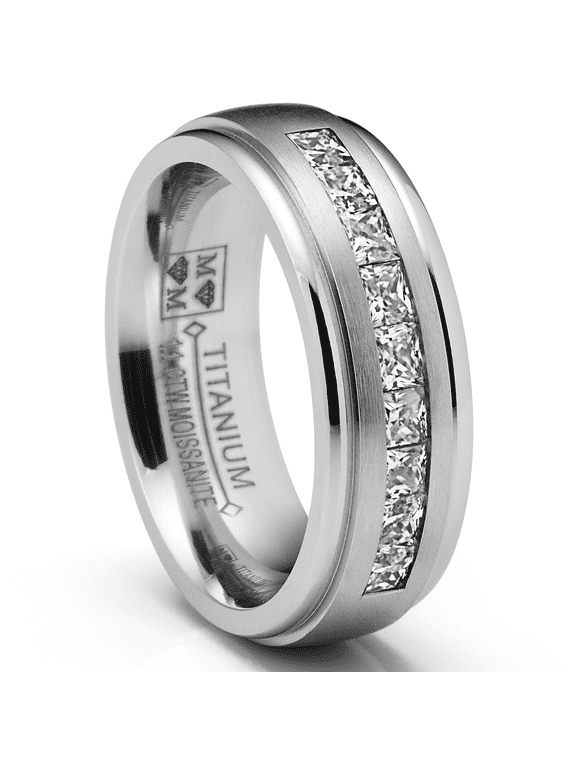 1.10 Ct. Moissanite Mens Wedding Band Engagement Ring Step Edge 9 Princess Channel-Set 7MM
