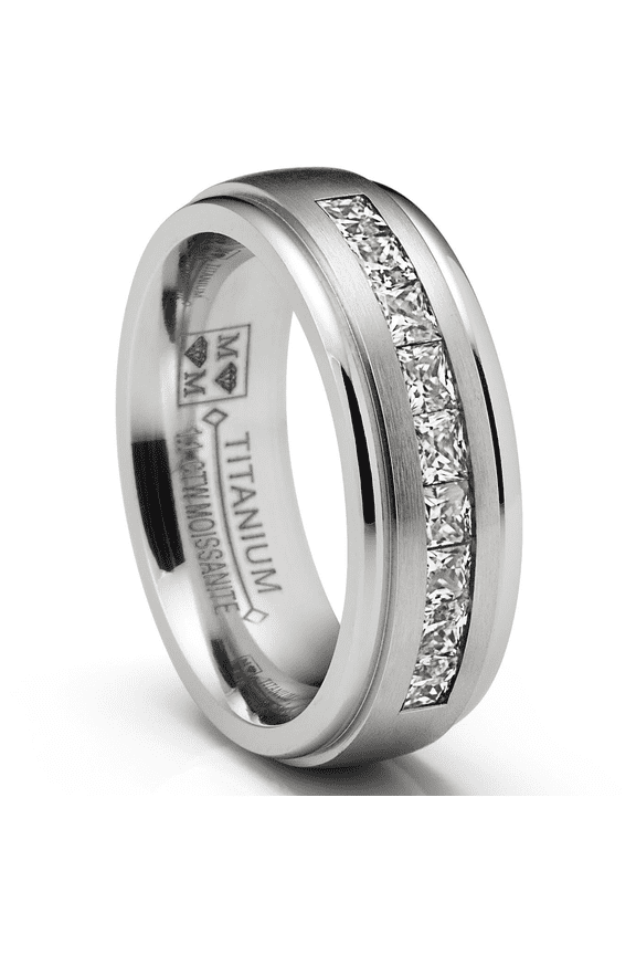 1.10 Ct. Moissanite Mens Wedding Band Engagement Ring Step Edge 9 Princess Channel-Set 7MM