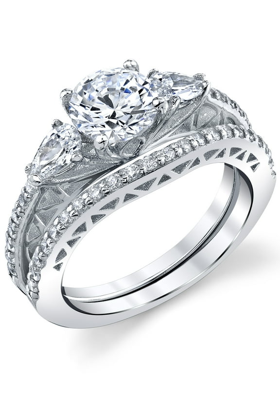Womens 1.32Ct Sterling Silver 2Pc Round-cut Bridal Set Engagement Wedding Ring Cz