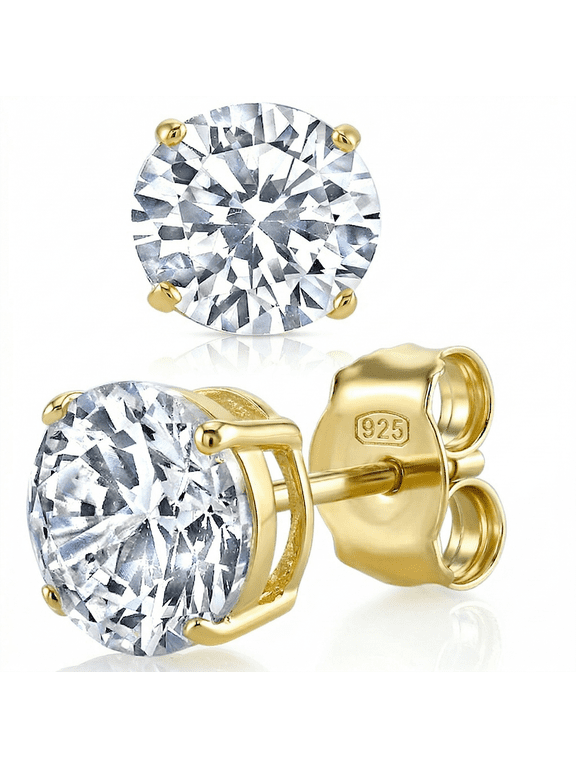 1.5Ct Tcw Casted Sterling Silver 925 Gold Plated Round Stud Earrings Clear Cubic Zirconia