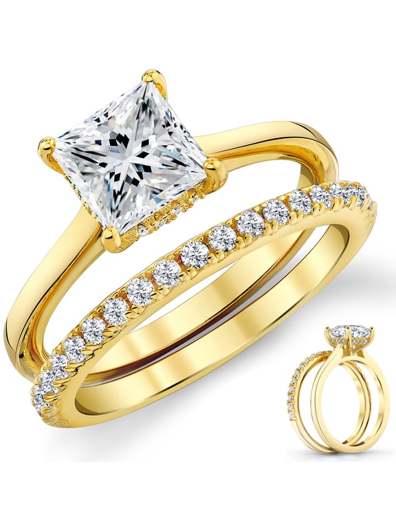 Womens 1.85Ct Princess Round-Cut Moissanite Under-Halo Wedding Ring Set in 18K Yellow Gold Plated 925 Sterling Silver