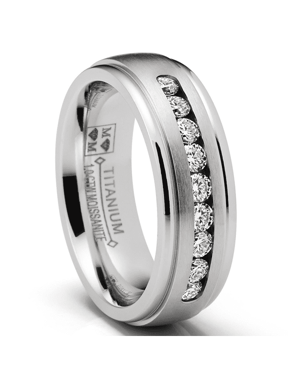 1 Carat Moissanite Mens Wedding Band Engagement Ring Step Edge 9 Round Channel-Set Stones 7MM
