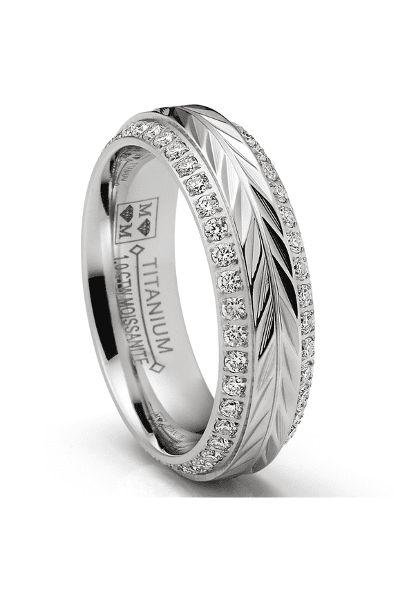 1 Carat Moissanite Wedding Band 6MM Eternity Ring Chevron Herringbone Two-Row Pavé-Set