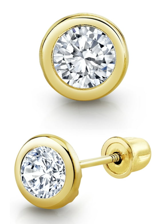 Metal Masters 14K Solid Gold Simulated Diamond Round Bezel Screw-Back Stud Earrings CZ