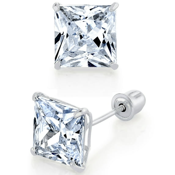 Metal Masters 14K White Gold Filled Stud Earrings Princess Screwback Cubic Zirconia Cz