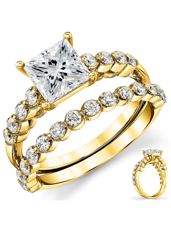 Womens 2.10Ct. Princess-Cut Moissanite Cathedral Wedding Bridal Set Engagement Ring 18K Yellow Gold Silver