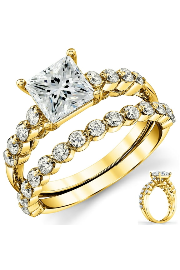 Womens 2.10Ct. Princess-Cut Moissanite Cathedral Wedding Bridal Set Engagement Ring 18K Yellow Gold Silver