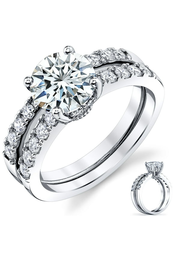 Womens 2.25Ct Round Moissanite 18K White Gold Silver Under-Halo Bridal Set Wedding Engagement Ring Set