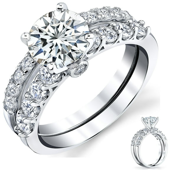 Metal Masters Womens 2.4Ct. Round Moissanite Bridal Set Wedding Engagement Ring 18K White Gold Sterling Silver