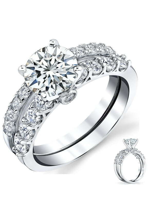 Womens 2.4Ct. Round Moissanite Bridal Set Wedding Engagement Ring 18K White Gold Sterling Silver
