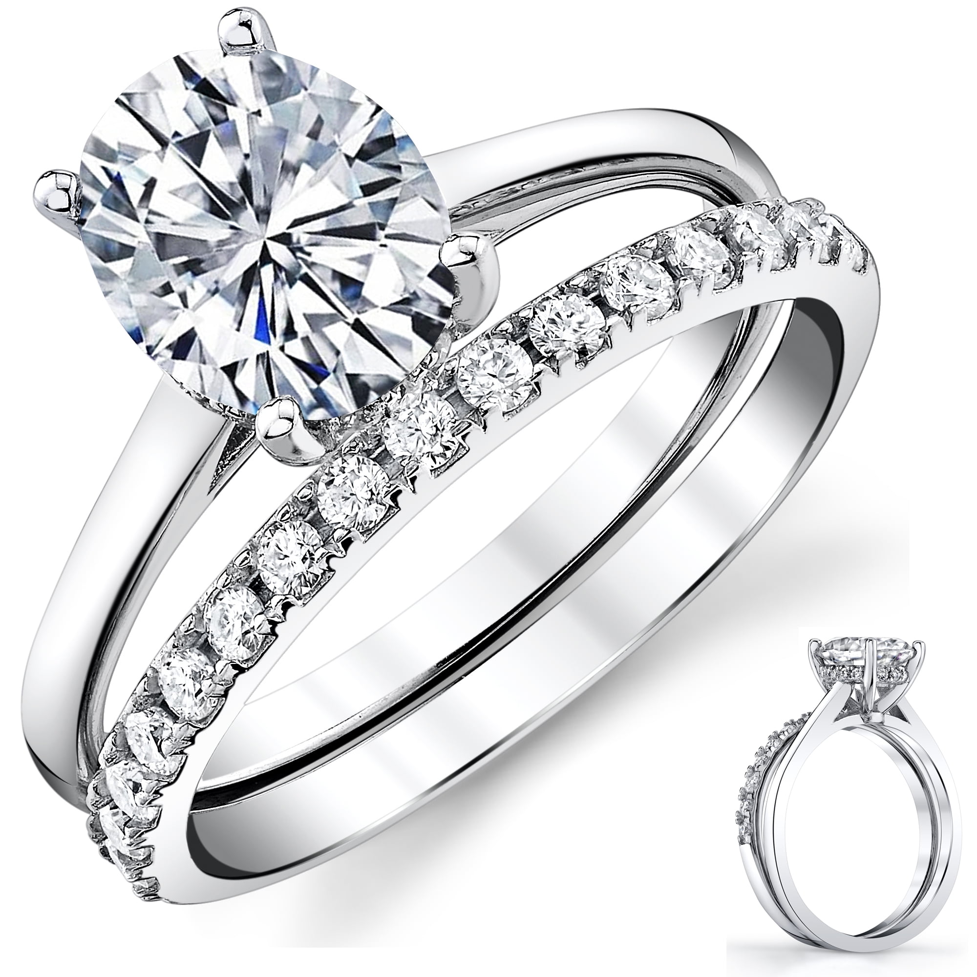 Metal Masters Womens 2.5Ct Oval Moissanite Engagement Ring Bridal Set 18K White Gold Plated Silver 9mm