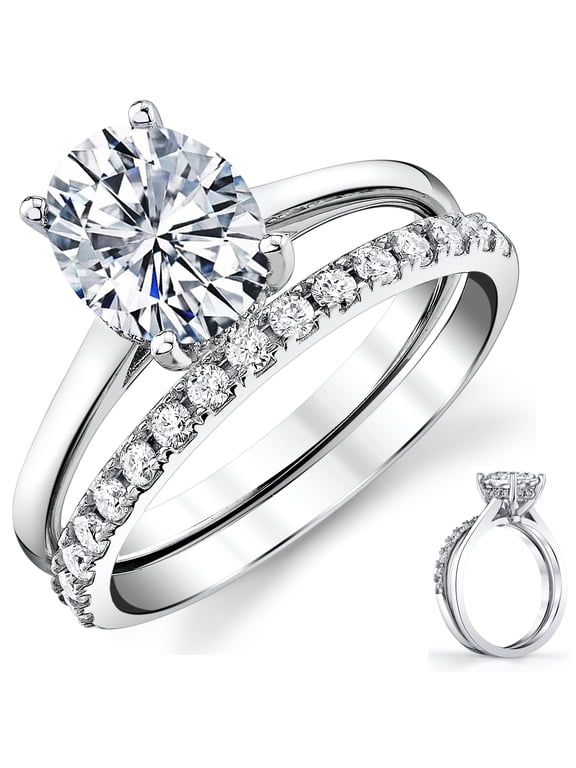 Womens 2.5Ct Oval Moissanite Engagement Ring Bridal Set 18K White Gold Plated Silver 9mm