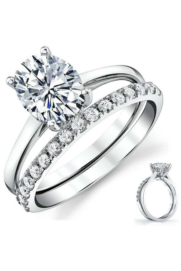 Womens 2.5Ct Oval Moissanite Engagement Ring Bridal Set 18K White Gold Silver 9mm
