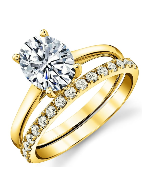 Womens 2.5Ct Oval Under-Halo Moissanite Bridal Set Engagement Wedding Ring 18K Yellow Gold Silver