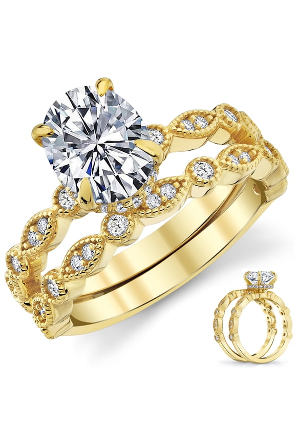 2.5Ct Victorian Vintage Oval Moissanite Bridal Set Under Halo Migrain Wedding Band 18K Gold Plated Silver