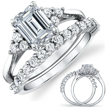 Metal Masters Womens 2.75Ct. Emerald-Cut Moissanite Victorian Bridal Set Engagement Ring Wedding Band 18K White Gold Silver