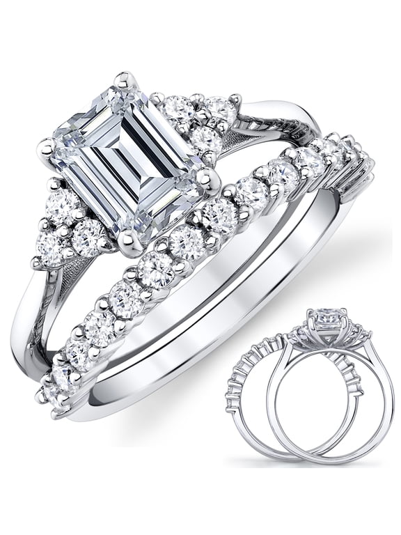 2.75Ct. Emerald Cut Moissanite Victorian Vintage Bridal Set Engagement Ring Wedding Band 18K White Gold over Silver