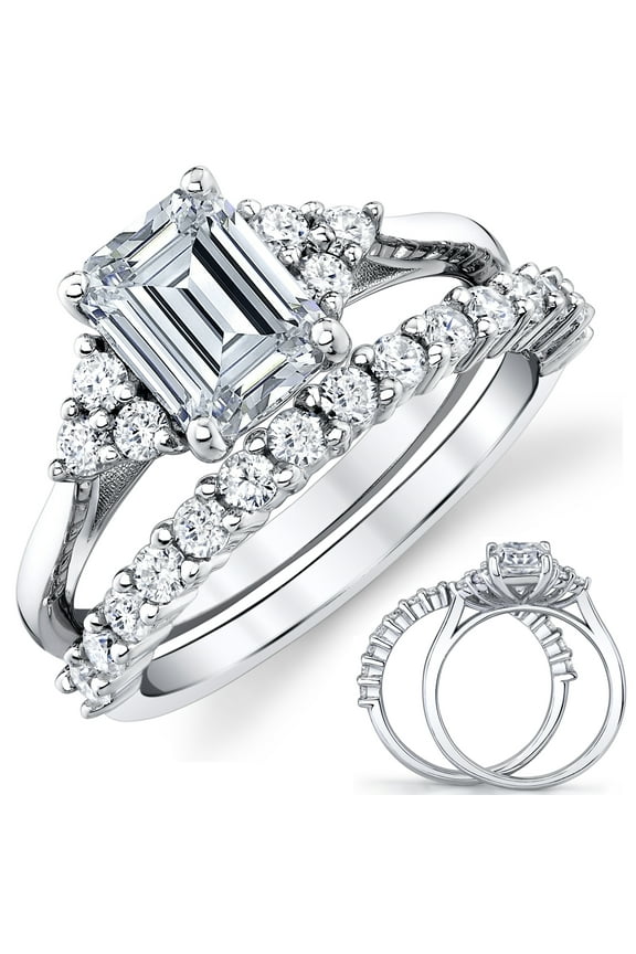 2.75Ct. Emerald Cut Moissanite Victorian Vintage Bridal Set Engagement Ring Wedding Band 18K White Gold over Silver